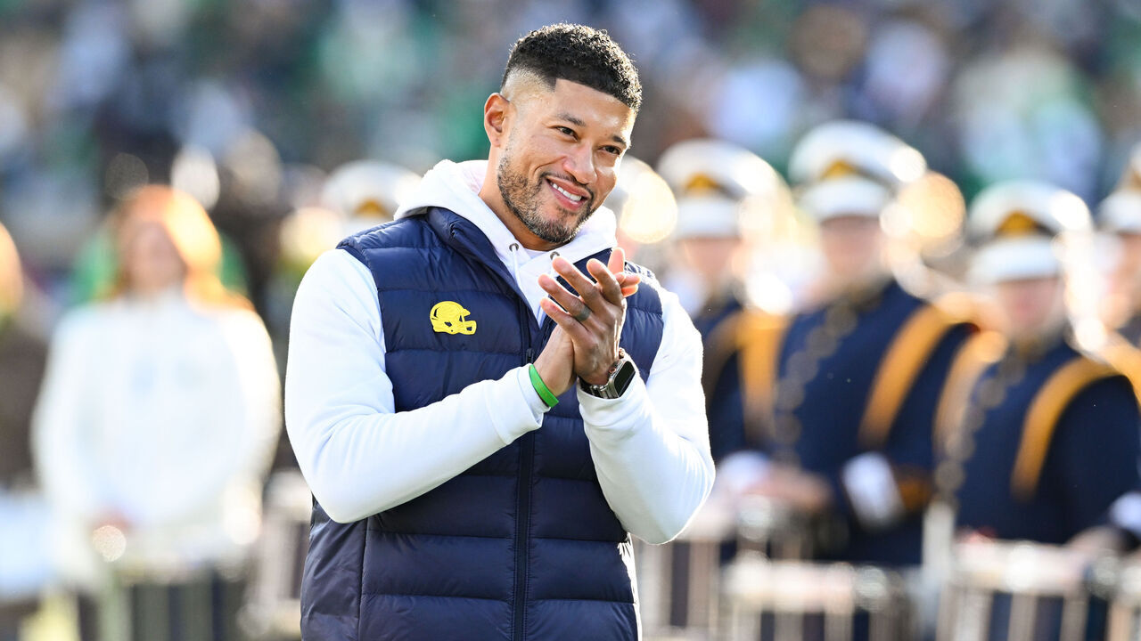 SOUTH BEND, IN - NOVEMBER 22: Notre Dame Fighting Irish head coach Marcus Freeman prior to a college football game between the Syracuse Orange and Notre Dame Fighting Irish on November 22, 2025 at Notre Dame Stadium in South Bend, IN.