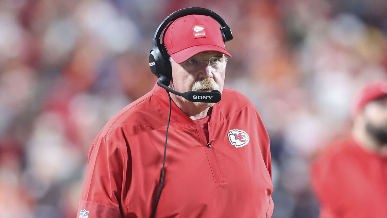 KANSAS CITY, MO - DECEMBER 25: Kansas City Chiefs head coach Andy Reid in the first quarter of a Christmas Day NFL game between the Denver Broncos and Kansas City Chiefs on December 25, 2025 at GEHA Field at Arrowhead Stadium in Kansas City, MO.