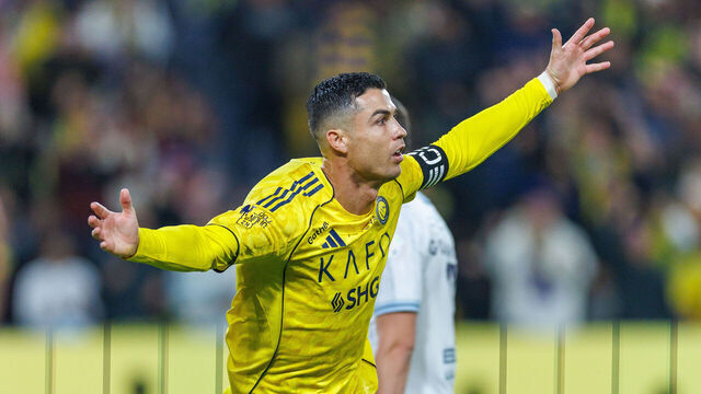 RIYADH, SAUDI ARABIA - DECEMBER 27: Cristiano Ronaldo of team Al-Nassr FC celebrates scoring their first goal during the Saudi Pro League match between Al Nassr and Al Okhdood at Al Awwal Park on December 27, 2025 in Riyadh, Saudi Arabia.