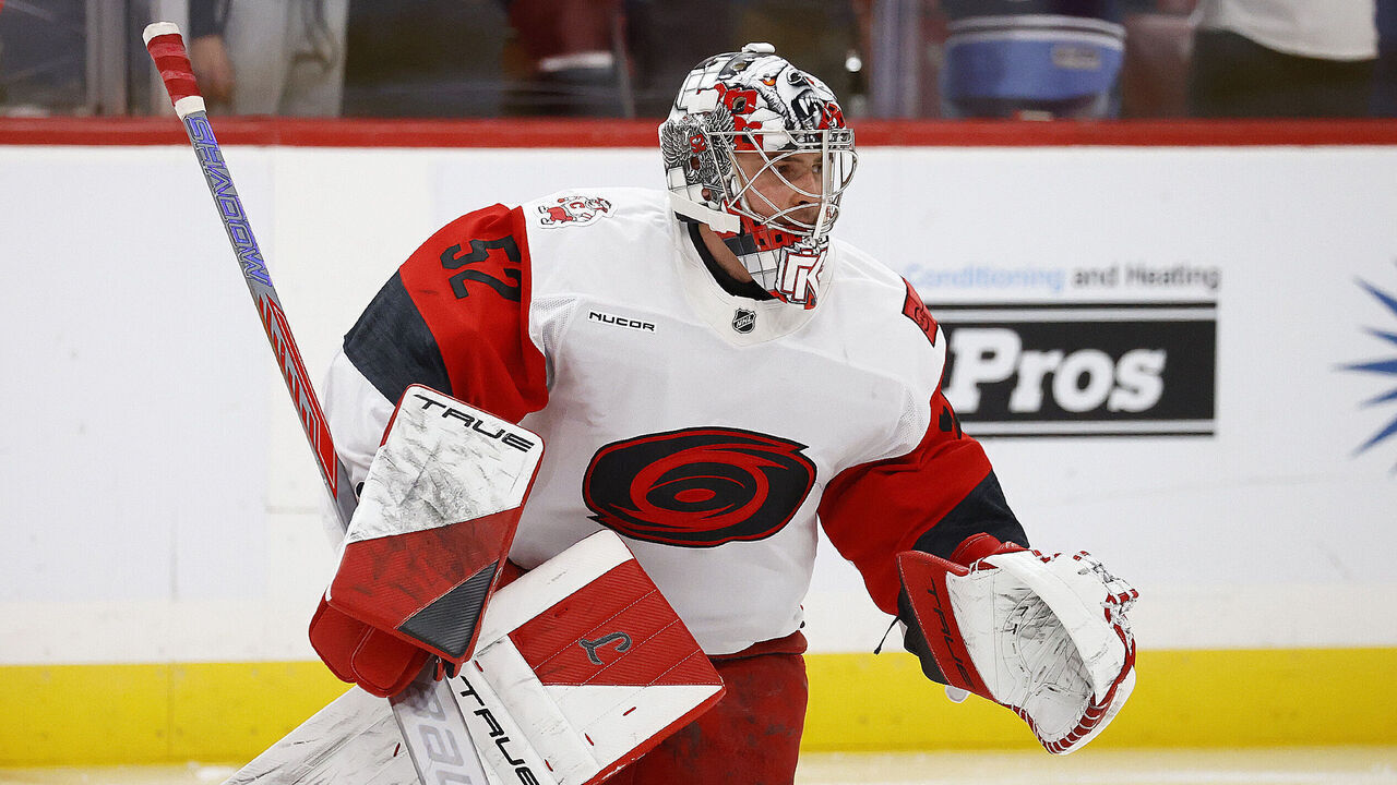 SUNRISE, FLORIDA - DECEMBER 19: Goaltender Pyotr Kochetkov #52 of the Carolina Hurricanes warms up on the ice prior to the start of the game against the Florida Panthers at the Amerant Bank Arena on December 19, 2025 in Sunrise, Florida.
