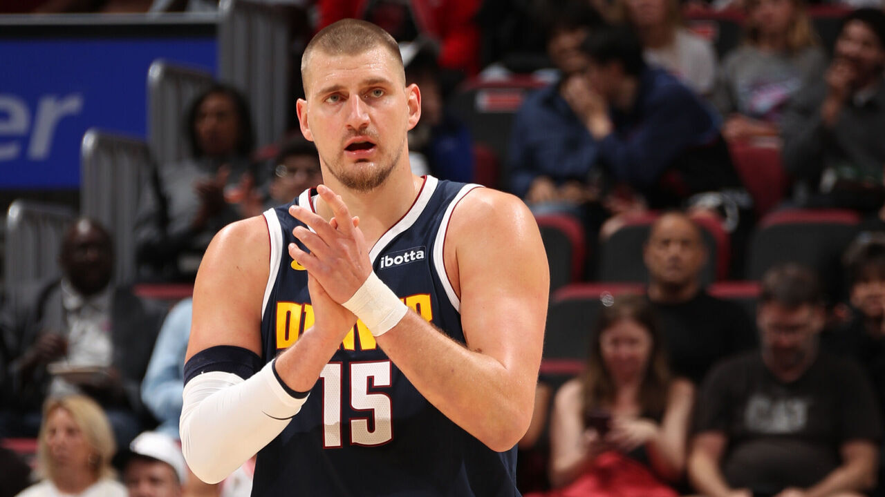 MIAMI, FL - DECEMBER 29: Nikola Jokic #15 of the Denver Nuggets celebrates during the game against the Miami Heat on December 29, 2025 at Kaseya Center in Miami, Florida. Mandatory Copyright Notice: Copyright 2025 NBAE