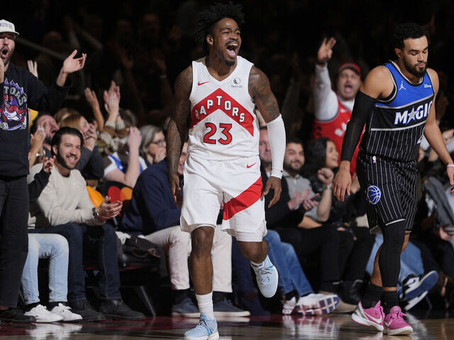 TORONTO, CANADA - DECEMBER 29: Jamal Shead #23 of the Toronto Raptors celebrates during the game against the Orlando Magic on December 29, 2025 at the Scotiabank Arena in Toronto, Ontario, Canada. Mandatory Copyright Notice: Copyright 2025 NBAE