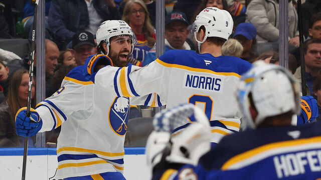 ST LOUIS, MISSOURI - DECEMBER 29: Alex Tuch #89 of the Buffalo Sabres celebrates a goal against the St. Louis Blues in the second period at Enterprise Center on December 29, 2025 in St Louis, Missouri.