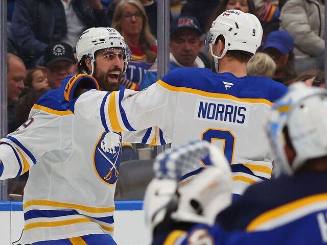 ST LOUIS, MISSOURI - DECEMBER 29: Alex Tuch #89 of the Buffalo Sabres celebrates a goal against the St. Louis Blues in the second period at Enterprise Center on December 29, 2025 in St Louis, Missouri.