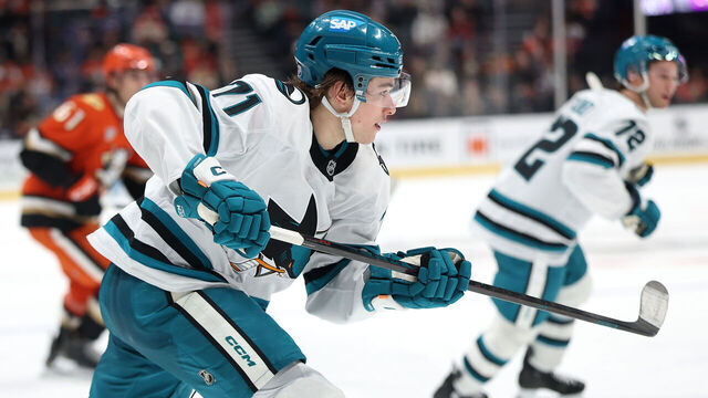 ANAHEIM, CALIFORNIA - DECEMBER 29: Macklin Celebrini #71 of the San Jose Sharks skates during the third period of a game against the Anaheim Ducks at Honda Center on December 29, 2025 in Anaheim, California.