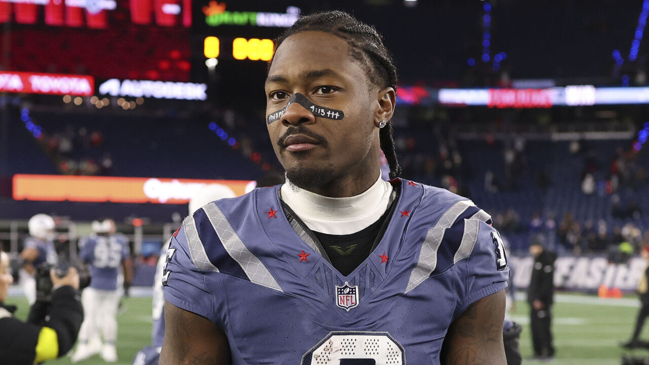 FOXBOROUGH, MASSACHUSETTS - NOVEMBER 13: Stefon Diggs #8 of the New England Patriots looks on after an NFL football game against the New York Jets at Gillette Stadium on November 13, 2025 in Foxborough, Massachusetts.