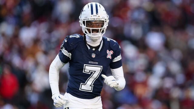 LANDOVER, MARYLAND - DECEMBER 25: Trevon Diggs #7 of the Dallas Cowboys in action against the Washington Commanders during the first half of the NFL game at Northwest Stadium on December 25, 2025 in Landover, Maryland.
