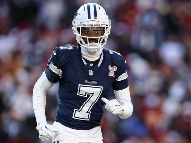 LANDOVER, MARYLAND - DECEMBER 25: Trevon Diggs #7 of the Dallas Cowboys in action against the Washington Commanders during the first half of the NFL game at Northwest Stadium on December 25, 2025 in Landover, Maryland.