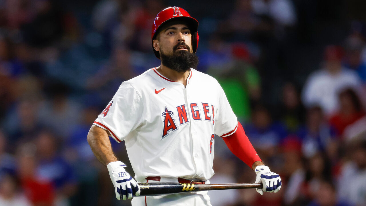 ANAHEIM, CALIFORNIA - SEPTEMBER 4: Anthony Rendon #6 of the Los Angeles Angels reacts after hitting a line out in the third inning during a game against the Los Angeles Dodgers at Angel Stadium of Anaheim on September 4, 2024 in Anaheim, California.