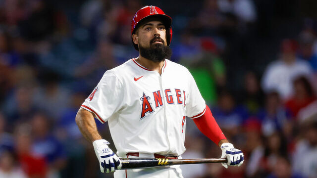 ANAHEIM, CALIFORNIA - SEPTEMBER 4: Anthony Rendon #6 of the Los Angeles Angels reacts after hitting a line out in the third inning during a game against the Los Angeles Dodgers at Angel Stadium of Anaheim on September 4, 2024 in Anaheim, California.