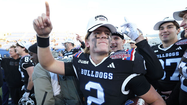 SHREVEPORT, LOUISIANA - DECEMBER 30: Trey Kukuk #2 of the Louisiana Tech Bulldogs reacts after defeating the Coastal Carolina Chanticleers in the 2025 Radiance Technologies Independence Bowl at Independence Stadium on December 30, 2025 in Shreveport, Louisiana.