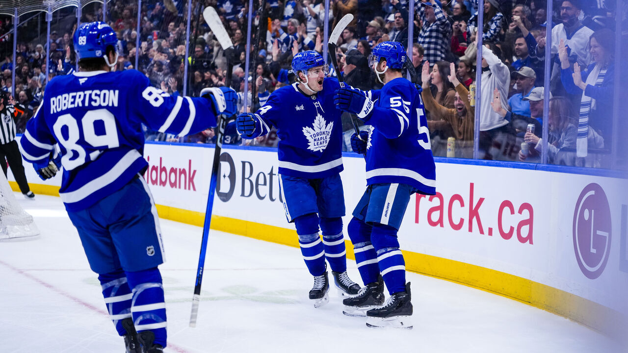 TORONTO, CANADA - DECEMBER 30: Nicolas Roy #55 of the Toronto Maple Leafs celebrates after scoring a goal against the New Jersey Devils during the second period at the Scotiabank Arena on December 30, 2025 in Toronto, Ontario, Canada.