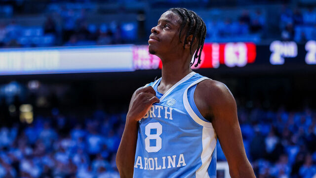 CHAPEL HILL, NORTH CAROLINA - DECEMBER 30: Caleb Wilson #8 of the North Carolina Tar Heels reacts during the second half of a basketball game against the Florida State Seminoles at Dean E. Smith Center on December 30, 2025 in Chapel Hill, North Carolina.