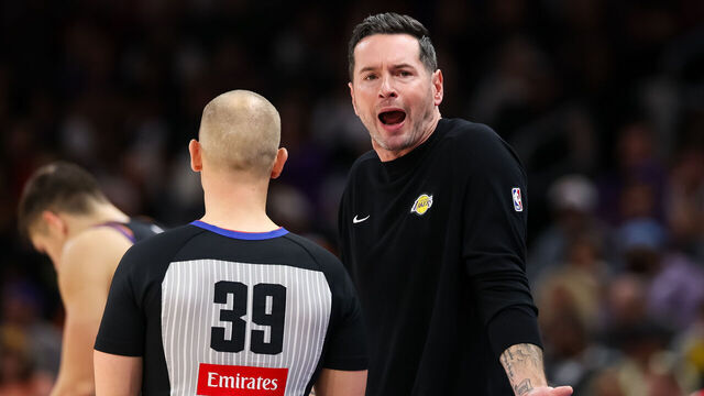 PHOENIX, ARIZONA - DECEMBER 14: JJ Redick of the Los Angeles Lakers reacts to a call from referee Tyler Ford #39 during the second half of a game against the Phoenix Suns at Mortgage Matchup Center on December 14, 2025 in Phoenix, Arizona.