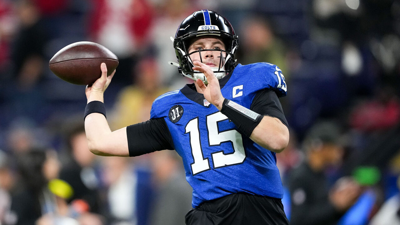 INDIANAPOLIS, INDIANA - DECEMBER 22: Riley Leonard #15 of the Indianapolis Colts warms up before the game against the San Francisco 49ers at Lucas Oil Stadium on December 22, 2025 in Indianapolis, Indiana.