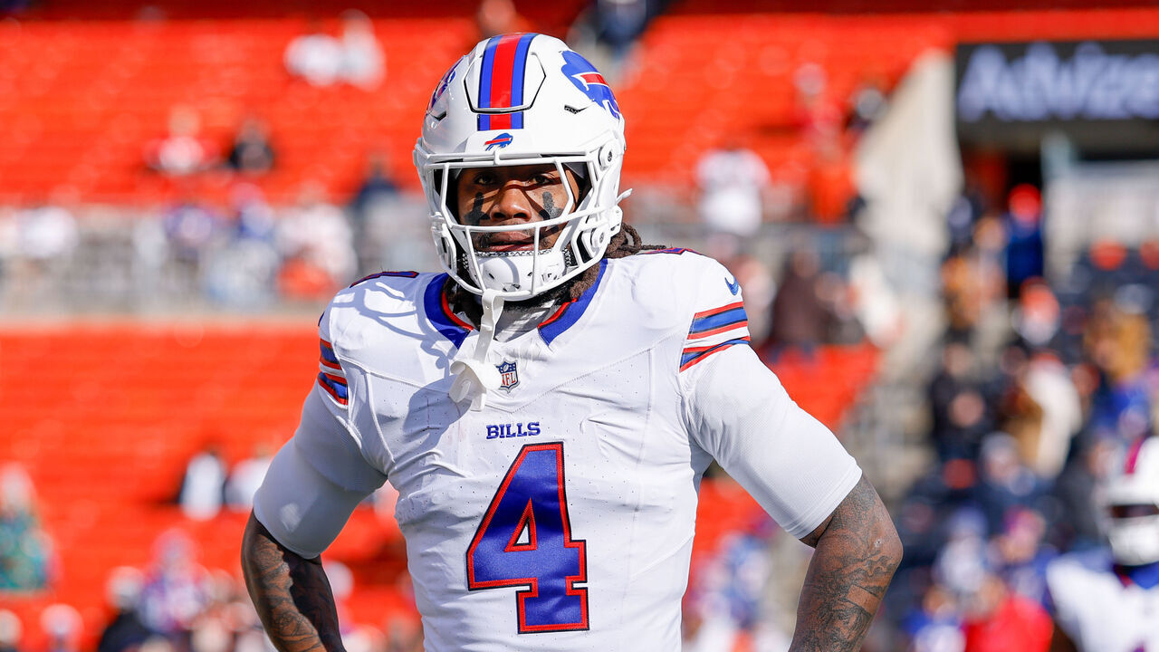 CLEVELAND, OHIO - DECEMBER 21: James Cook III #4 of the Buffalo Bills warms up prior to the game against the Cleveland Browns at Huntington Bank Field on December 21, 2025 in Cleveland, Ohio.