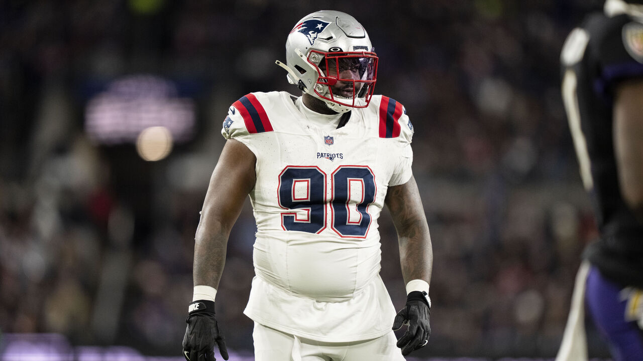 BALTIMORE, MARYLAND - DECEMBER 21: Christian Barmore #90 of the New England Patriots looks on during an NFL football game against the Baltimore Ravens at M&T Bank Stadium on December 21, 2025 in Baltimore, Maryland.