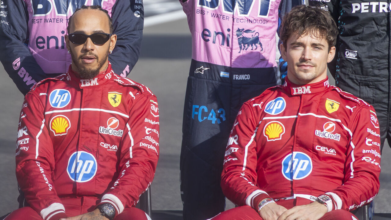 Lewis Hamilton and Charles Leclerc F1 drivers of Scuderia Ferrari during the group photo ahead of the Abu Dhabi Grand Prix 2025 at Yas Marina Circuit, United Arab Emirates on December 7, 2025.