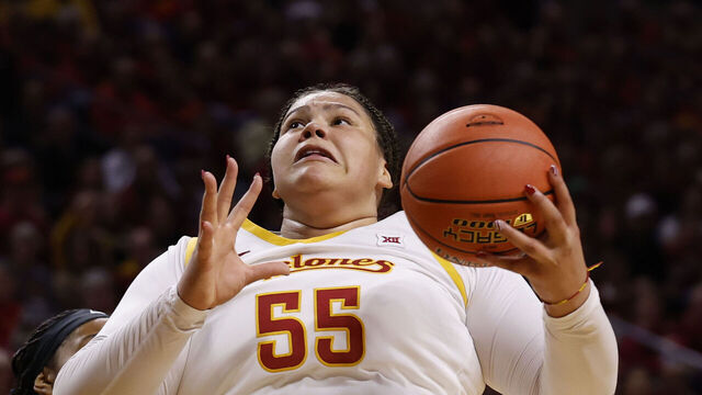 AMES, IA - DECEMBER 10: Center Audi Crooks #55 of the Iowa State Cyclones rebounds the ball in the first half of play at Hilton Coliseum on December 10, 2025, in Ames, Iowa. The Iowa State Cyclones won 74-69 over the Iowa Hawkeyes.