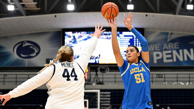 UNIVERSITY PARK, PENNSYLVANIA - DECEMBER 31: Lauren Betts #51 of the UCLA Bruins shoots the ball in the first quarter against Gracie Merkle #44 of the Penn State Nittany Lions at Rec Hall on December 31, 2025 in University Park, Pennsylvania.