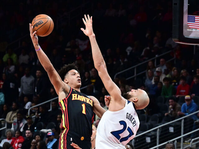 ATLANTA, GA - DECEMBER 31: Jalen Johnson #1 of the Atlanta Hawks drives to the basket during the game against the Minnesota Timberwolves on December 31, 2025 at State Farm Arena in Atlanta, Georgia. NOTE TO USER: User expressly acknowledges and agrees that, by downloading and/or using this Photograph, user is consenting to the terms and conditions of the Getty Images License Agreement. Mandatory Copyright Notice: Copyright 2025 NBAE