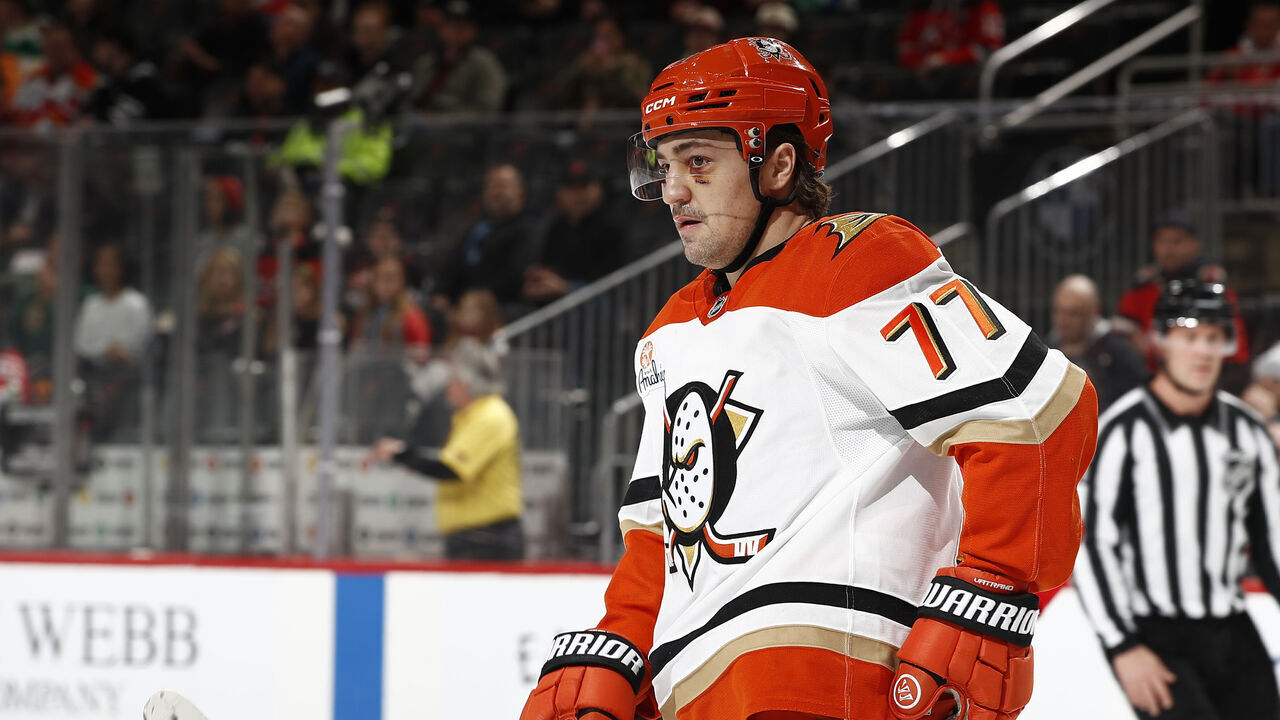 NEWARK, NEW JERSEY - DECEMBER 13: Frank Vatrano #77 of the Anaheim Ducks in action against the New Jersey Devils at Prudential Center on December 13, 2025 in Newark, New Jersey. The Devils won 4-1.