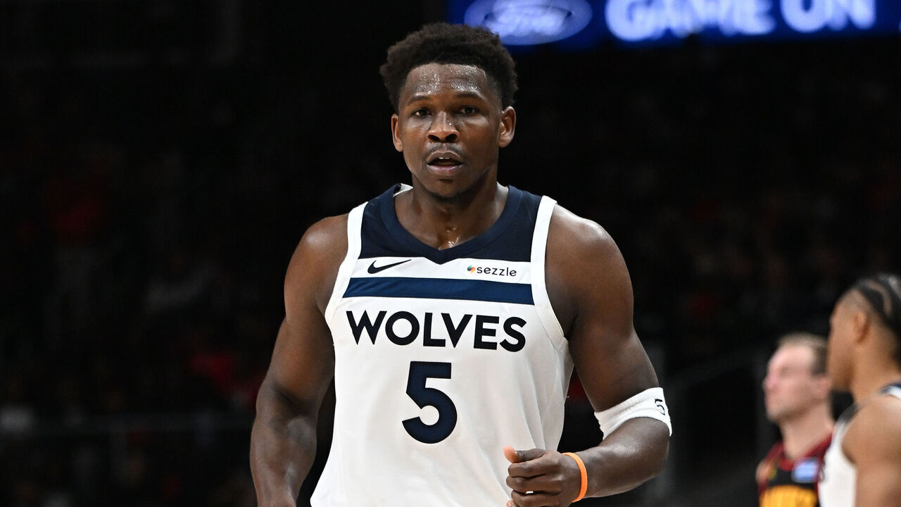 ATLANTA, GEORGIA - DECEMBER 31: Anthony Edwards #5 of the Minnesota Timberwolves runs down the court against the Atlanta Hawks during the third quarter at State Farm Arena on December 31, 2025 in Atlanta, Georgia.