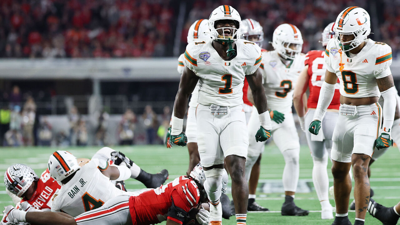 ARLINGTON, TEXAS - DECEMBER 31: Mohamed Toure #1 of the Miami Hurricanes reacts after a stop in the second quarter against the Ohio State Buckeyes during the 2025 College Football Playoff Quarterfinal at the 90th Goodyear Cotton Bowl Classic at AT&T Stadium on December 31, 2025 in Arlington, Texas.