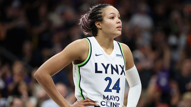 PHOENIX, ARIZONA - SEPTEMBER 26: Napheesa Collier #24 of the Minnesota Lynx reacts during the second half of Game Three of the 2025 WNBA Playoffs semifinals at PHX Arena on September 26, 2025 in Phoenix, Arizona. The Mercury defeated the Lynx 84-76.
