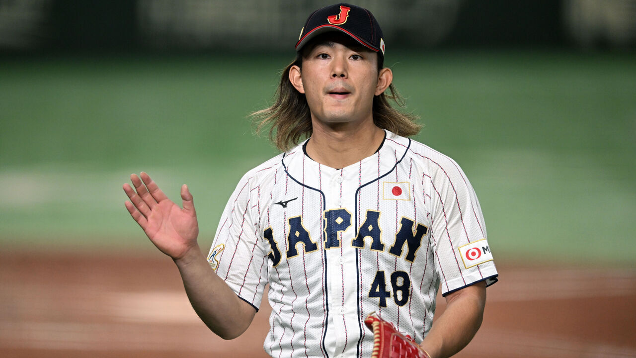 TOKYO, JAPAN - NOVEMBER 19: Pitcher Tatsuya Imai #48 of Japan reacts after the 4th inning during the Asia Professional Baseball Championship Final between South Korea and Japan at Tokyo Dome on November 19, 2023 in Tokyo, Japan.