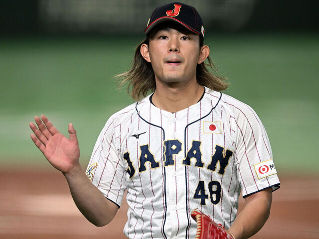 TOKYO, JAPAN - NOVEMBER 19: Pitcher Tatsuya Imai #48 of Japan reacts after the 4th inning during the Asia Professional Baseball Championship Final between South Korea and Japan at Tokyo Dome on November 19, 2023 in Tokyo, Japan.