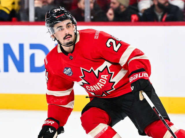 MONTREAL, CANADA - FEBRUARY 12: Seth Jarvis #24 of Team Canada skates during the third period against Team Sweden in the 2025 NHL 4 Nations Face-Off at the Bell Centre on February 12, 2025 in Montreal, Quebec, Canada. Team Canada defeated Team Sweden 4-3 in overtime.