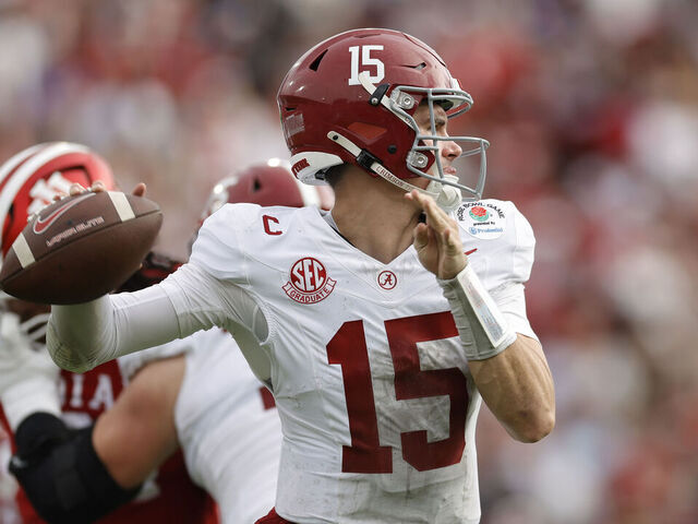 PASADENA, CALIFORNIA - JANUARY 01: Ty Simpson #15 of the Alabama Crimson Tide throws a pass during the second quarter against the Indiana Hoosiers in the College Football Playoff Quarterfinal at Rose Bowl Stadium on January 01, 2026 in Pasadena, California.