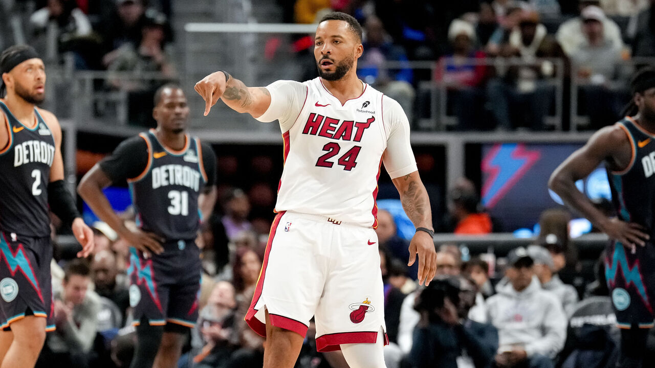 DETROIT, MICHIGAN - JANUARY 01: Norman Powell #24 of the Miami Heat reacts against the Detroit Pistons during the third quarter at Little Caesars Arena on January 01, 2026 in Detroit, Michigan.