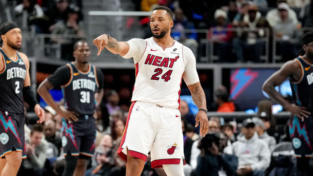 DETROIT, MICHIGAN - JANUARY 01: Norman Powell #24 of the Miami Heat reacts against the Detroit Pistons during the third quarter at Little Caesars Arena on January 01, 2026 in Detroit, Michigan.