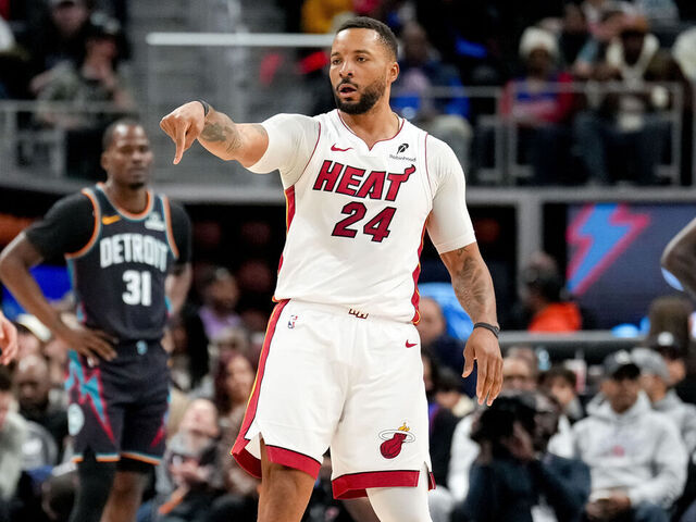 DETROIT, MICHIGAN - JANUARY 01: Norman Powell #24 of the Miami Heat reacts against the Detroit Pistons during the third quarter at Little Caesars Arena on January 01, 2026 in Detroit, Michigan.