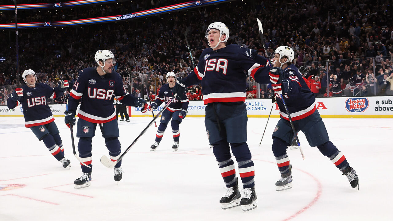 BOSTON, MASSACHUSETTS - FEBRUARY 20: Brady Tkachuk #7 of Team USA celebrates his goal against Team Canada in the NHL 4 Nations Face-Off Championship Game at TD Garden on February 20, 2025 in Boston, Massachusetts.