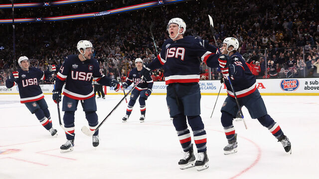 BOSTON, MASSACHUSETTS - FEBRUARY 20: Brady Tkachuk #7 of Team USA celebrates his goal against Team Canada in the NHL 4 Nations Face-Off Championship Game at TD Garden on February 20, 2025 in Boston, Massachusetts.