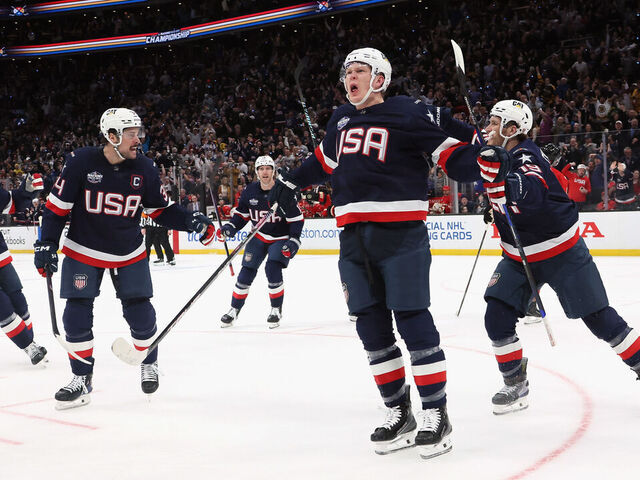 BOSTON, MASSACHUSETTS - FEBRUARY 20: Brady Tkachuk #7 of Team USA celebrates his goal against Team Canada in the NHL 4 Nations Face-Off Championship Game at TD Garden on February 20, 2025 in Boston, Massachusetts.