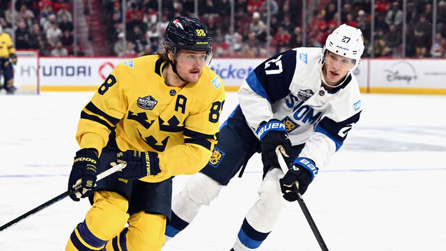 MONTREAL, CANADA - FEBRUARY 15: William Nylander #88 of Team Sweden skates against Eetu Luostarinen #27 of Team Finland during the third period in the 4 Nations Face-Off game at the Bell Centre on February 15, 2025 in Montreal, Quebec, Canada.