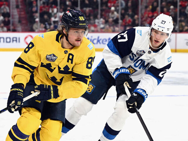 MONTREAL, CANADA - FEBRUARY 15: William Nylander #88 of Team Sweden skates against Eetu Luostarinen #27 of Team Finland during the third period in the 4 Nations Face-Off game at the Bell Centre on February 15, 2025 in Montreal, Quebec, Canada.