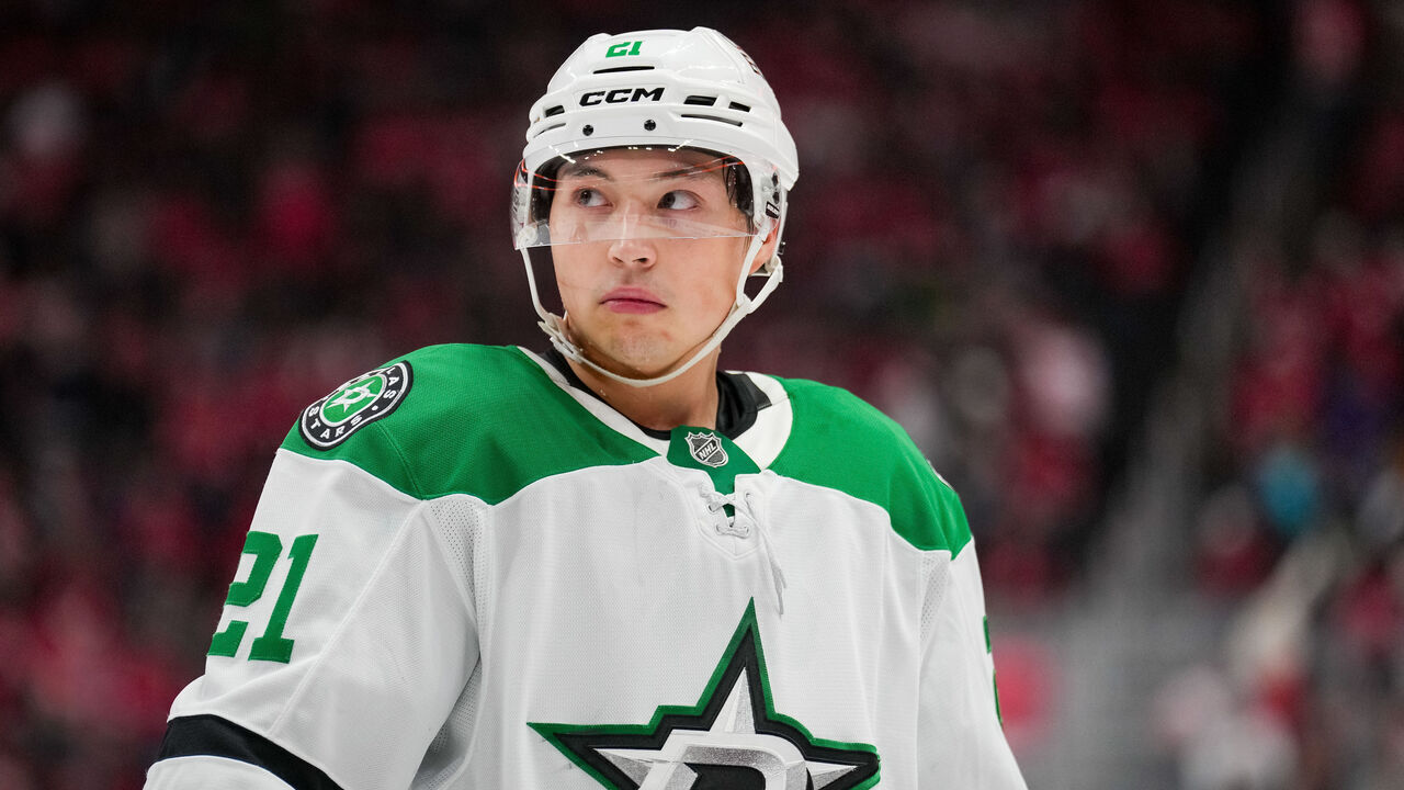 DETROIT, MICHIGAN - DECEMBER 23: Jason Robertson #21 of the Dallas Stars looks on against the Detroit Red Wings at Little Caesars Arena on December 23, 2025 in Detroit, Michigan.