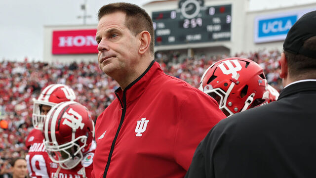 PASADENA, CALIFORNIA - JANUARY 01: Head coach Curt Cignetti of the Indiana Hoosiers looks on before the College Football Playoff Quarterfinal against the Alabama Crimson Tide at Rose Bowl Stadium on January 01, 2026 in Pasadena, California.