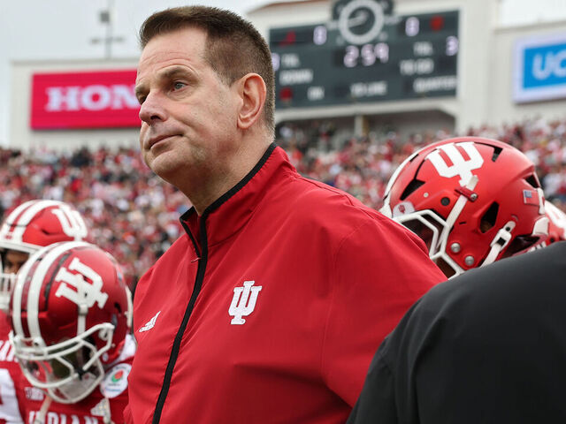PASADENA, CALIFORNIA - JANUARY 01: Head coach Curt Cignetti of the Indiana Hoosiers looks on before the College Football Playoff Quarterfinal against the Alabama Crimson Tide at Rose Bowl Stadium on January 01, 2026 in Pasadena, California.