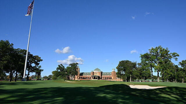 MEDINAH, ILLINOIS - OCTOBER 07: Clubhouse is seen during the Captains Day visit for the 2026 Presidents Cup at Medinah Country Club and surrounding areas on October 07, 2025 in Chicago, Illinois..