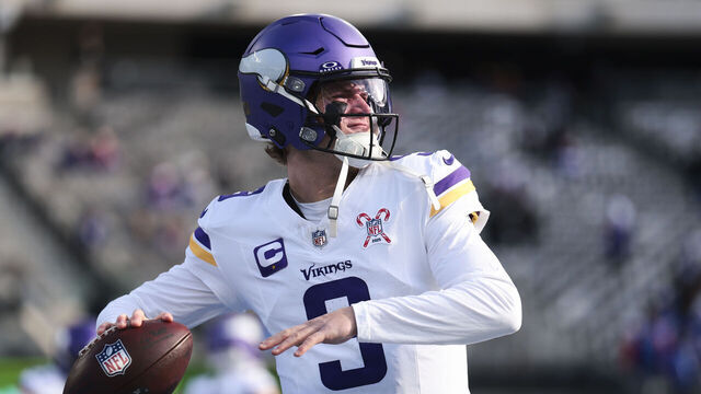 EAST RUTHERFORD, NEW JERSEY - DECEMBER 21: J.J. McCarthy #9 of the Minnesota Vikings warms up prior to the start of the game against the New York Giants at MetLife Stadium on December 21, 2025 in East Rutherford, New Jersey.