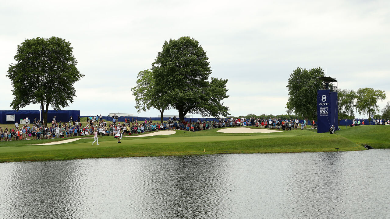 CHASKA, MINNESOTA - JUNE 22: A general view of the eighth green during the third round of the KPMG PGA Championship at Hazeltine National Golf Club on June 22, 2019 in Chaska, Minnesota.