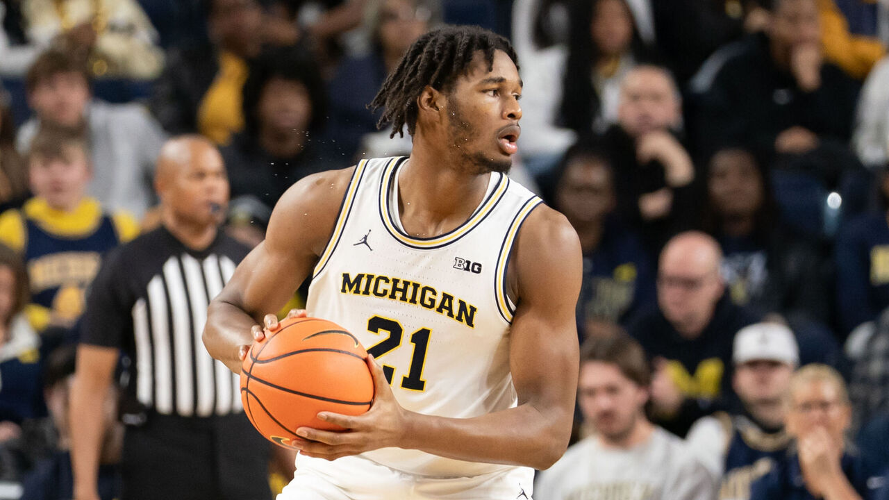 ANN ARBOR, MICHIGAN - DECEMBER 21: Morez Johnson Jr. #21 of the Michigan Wolverines handles the ball during the second half against the La Salle Explorers at Crisler Arena on December 21, 2025 in Ann Arbor, Michigan.