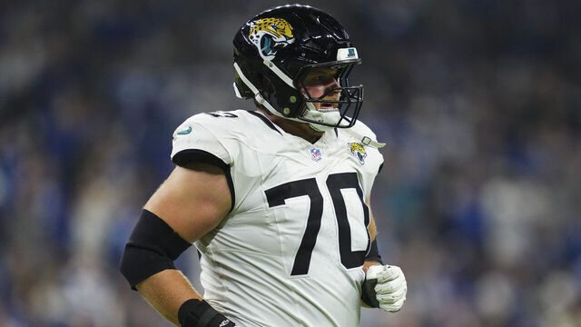 INDIANAPOLIS, IN - DECEMBER 28: Cole Van Lanen #70 of the Jacksonville Jaguars looks on from the field during an NFL football game against the Indianapolis Colts at Lucas Oil Stadium on December 28, 2025 in Indianapolis, Indiana.