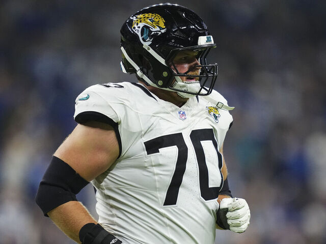 INDIANAPOLIS, IN - DECEMBER 28: Cole Van Lanen #70 of the Jacksonville Jaguars looks on from the field during an NFL football game against the Indianapolis Colts at Lucas Oil Stadium on December 28, 2025 in Indianapolis, Indiana.